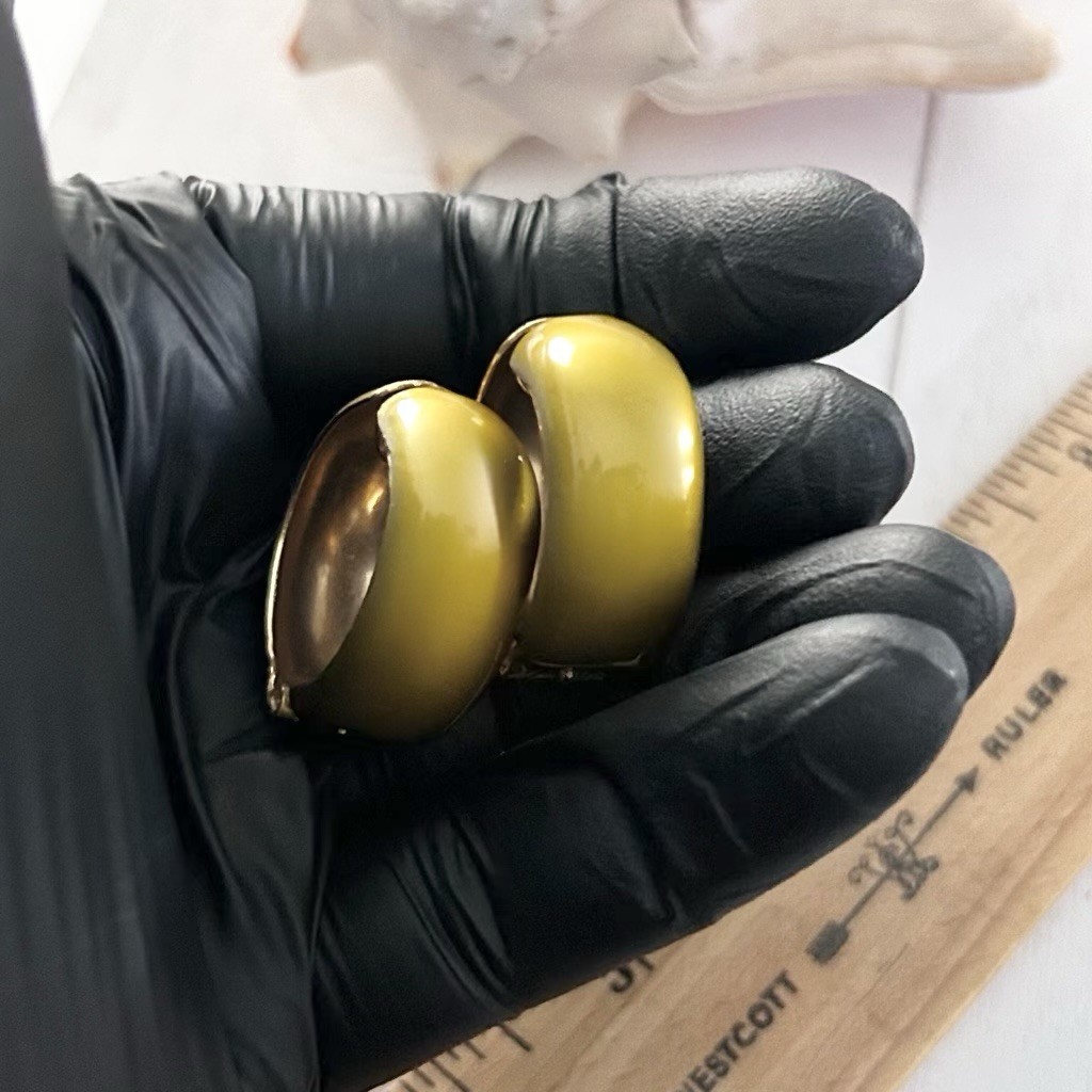 Vintage Metal Enamel Hoop Clip On Earrings MCM Olive Green Mid Century Modern