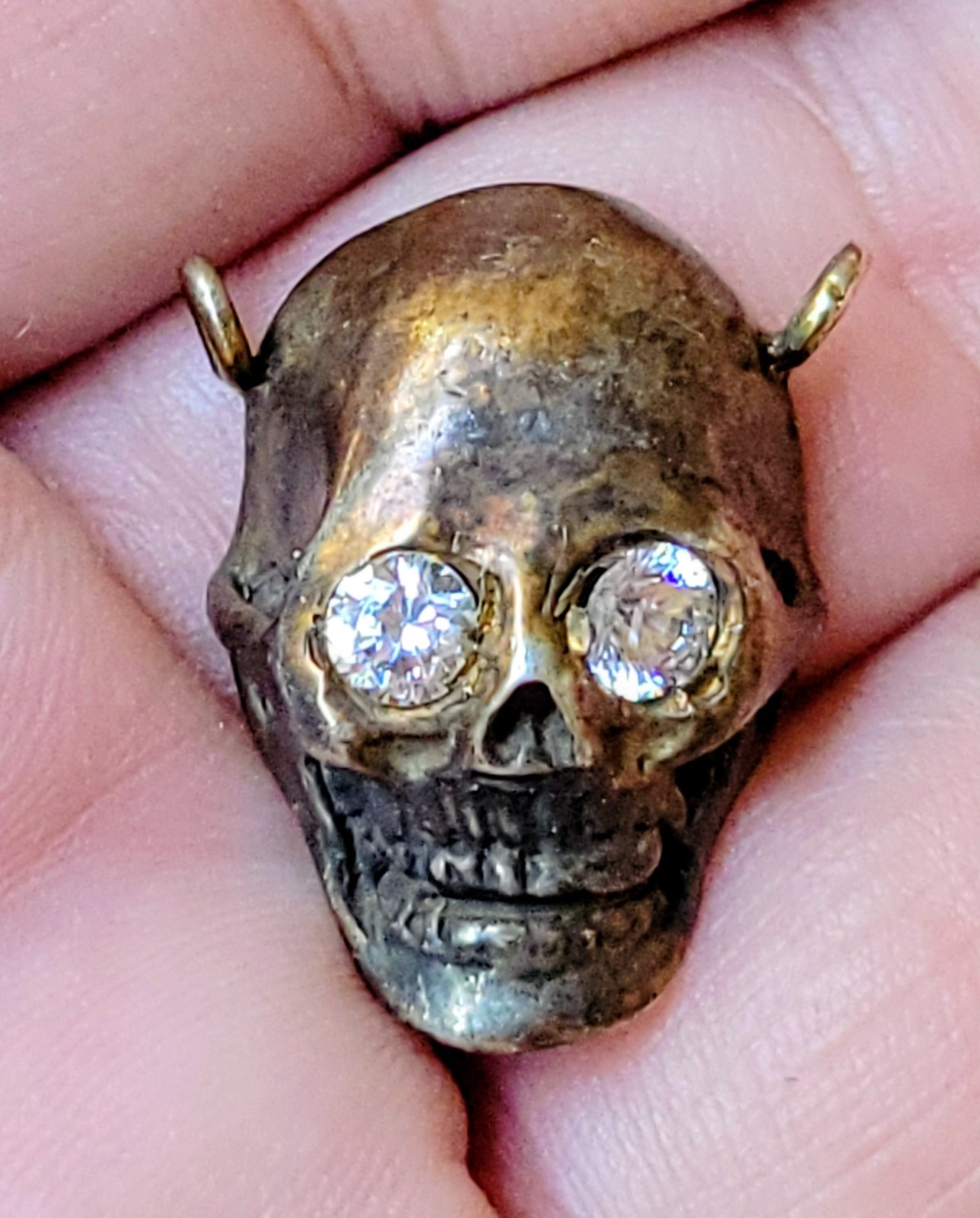 Vintage SKULL Pendant w Gem Eyes Gold On Sterling Silver Jeweled FANTASTIC