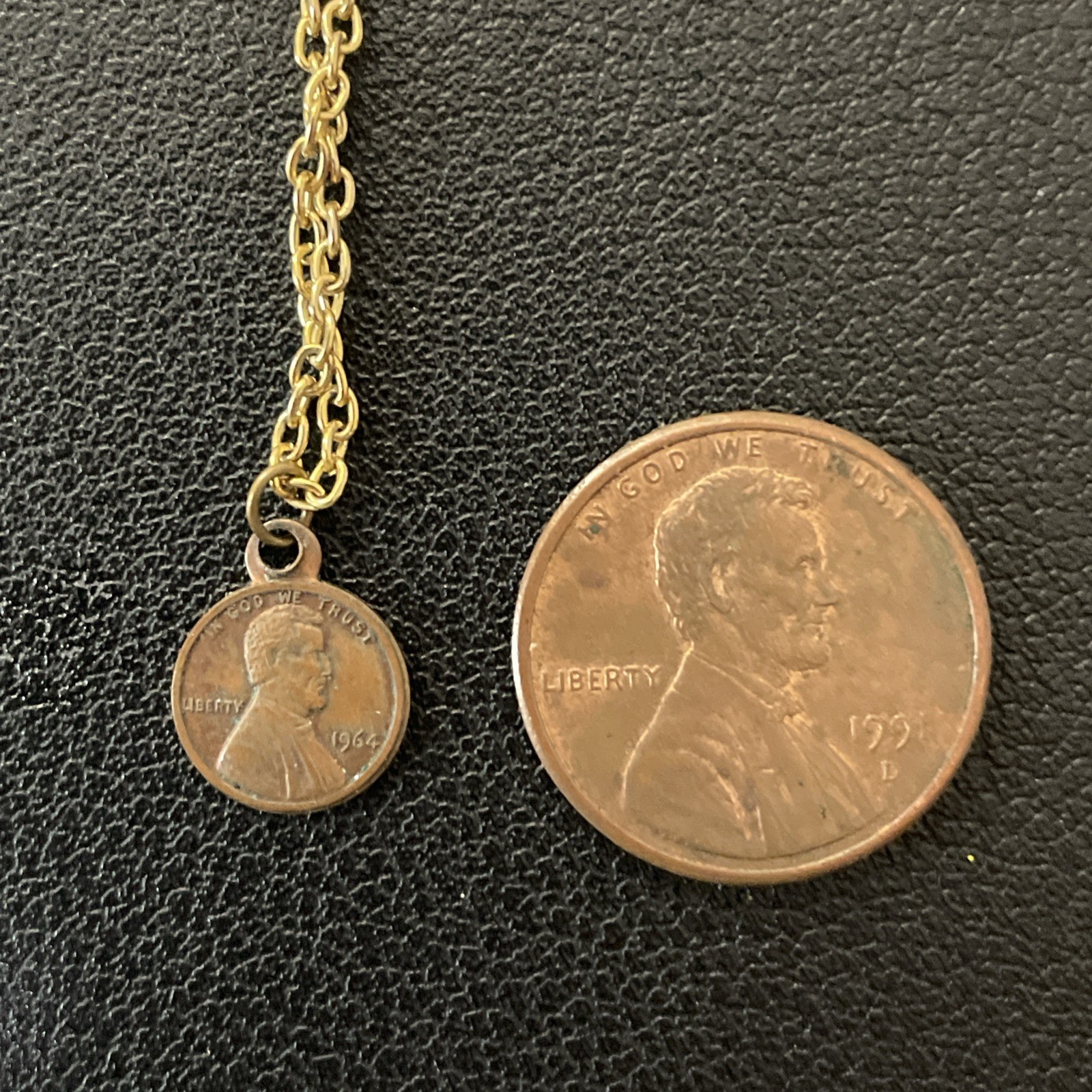 Miniature 1964 penny 1cm Coin Charm Pendent Necklace Vintage 18” gold tone chain