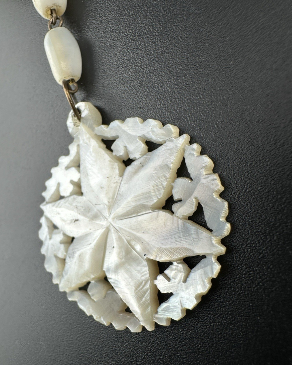Antique Hand Carved Mother Of Pearl Star Beaded Pendant Necklace – Rosary