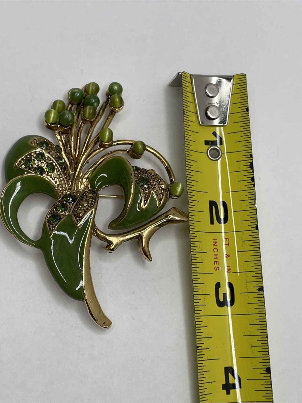 Vintage Green Enamel Floral Brooch Pin with Green Rhinestones and Cabochons RARE