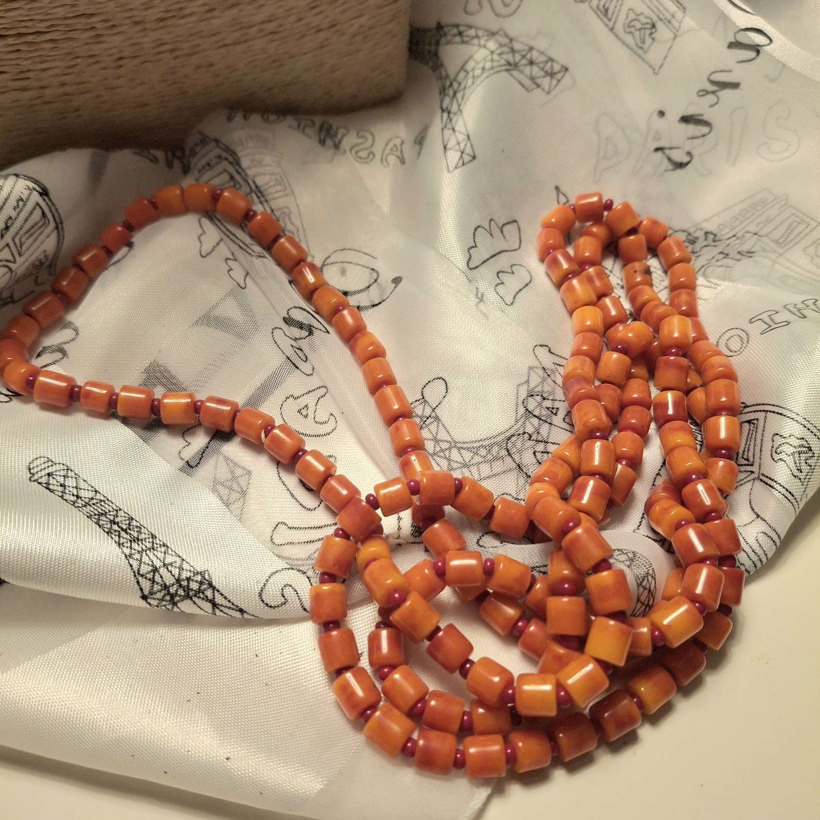 Vintage Necklace Genuine Orange Coral Barrel Red Glass Bead Spacers RARE 49″ ^