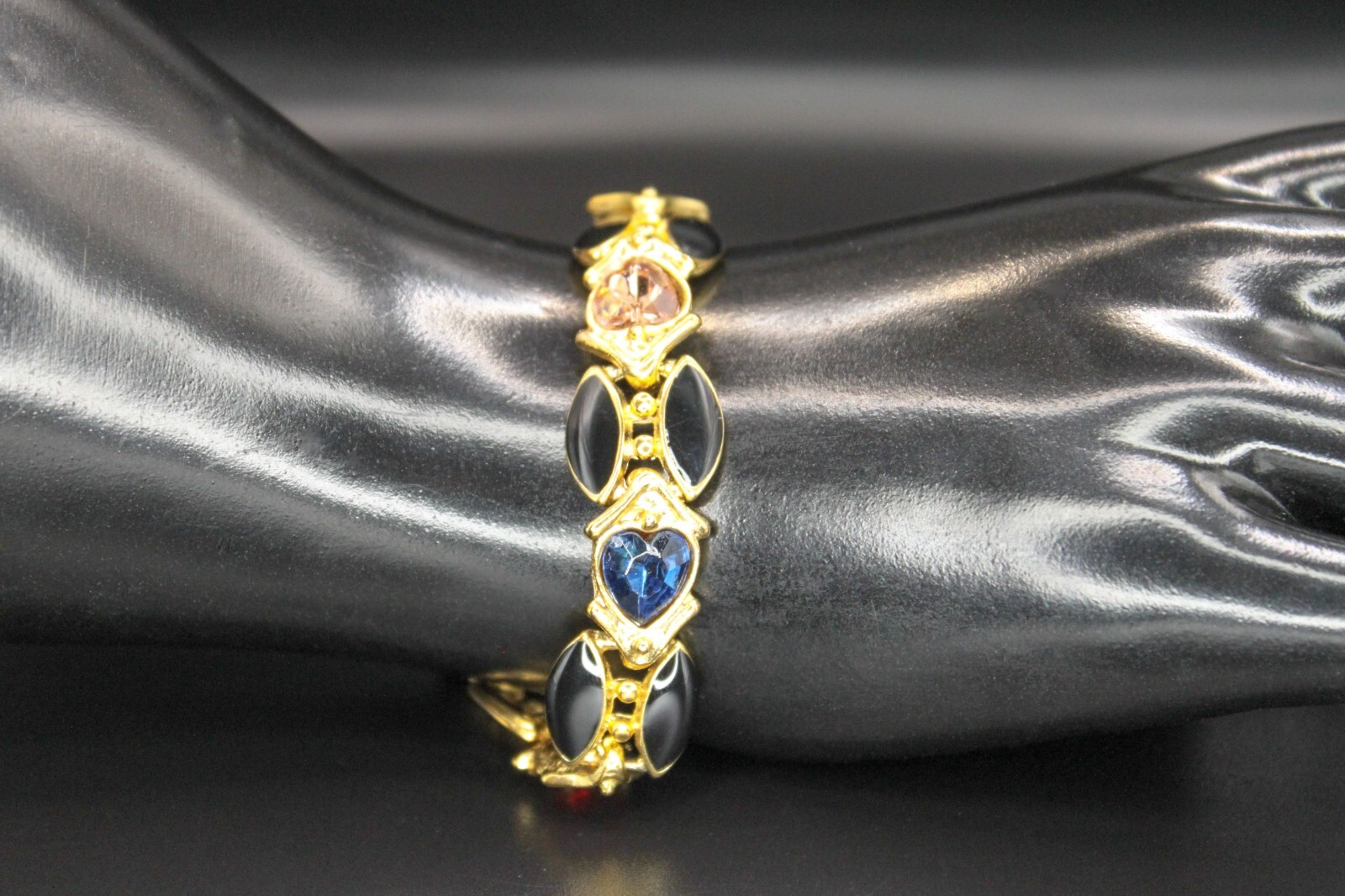 Vintage ORENA of PARIS France Rhinestones Enamel Heart Link Bracelet Gold Tone