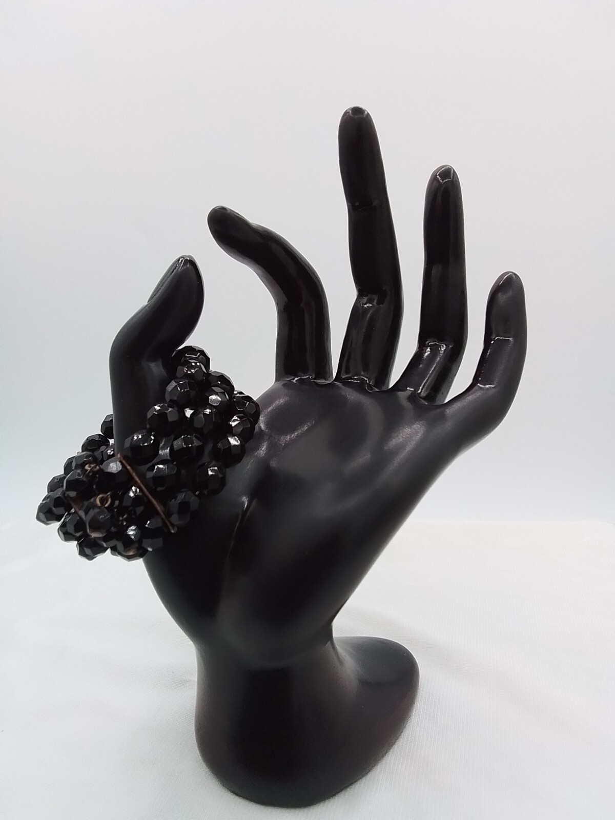 BLACK CRYSTAL TRIPLE STRAND FACETED BEADS EXPANDING WIRE CUFF BRACELET VINTAGE