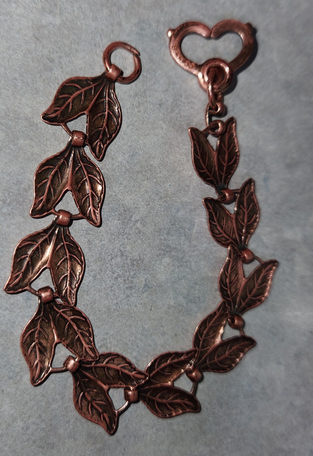 Vtg Unmarked Stamped Copper Double Leaf 7″ Link Bracelet With Heart Sister Clasp