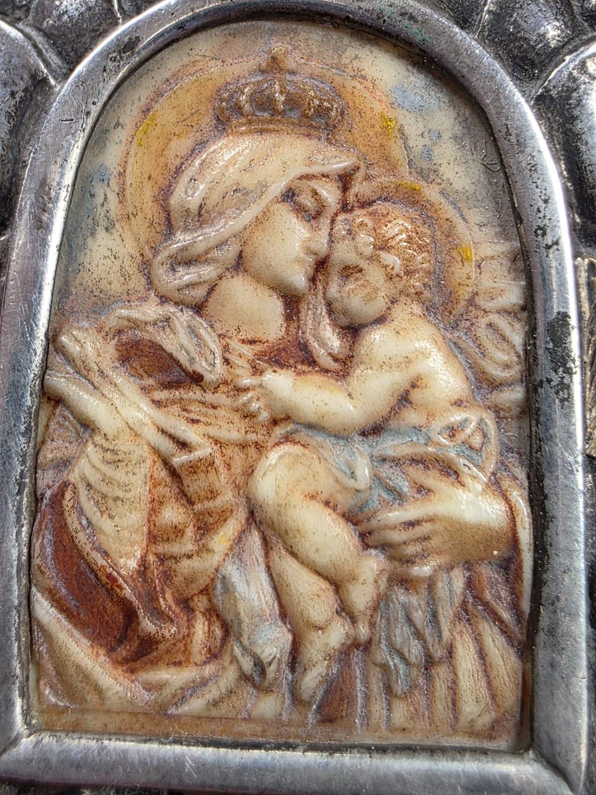 Fine Antique Art Nouveau Silver Gold Madonna Virgin Mary and Jesus Pendant C1900