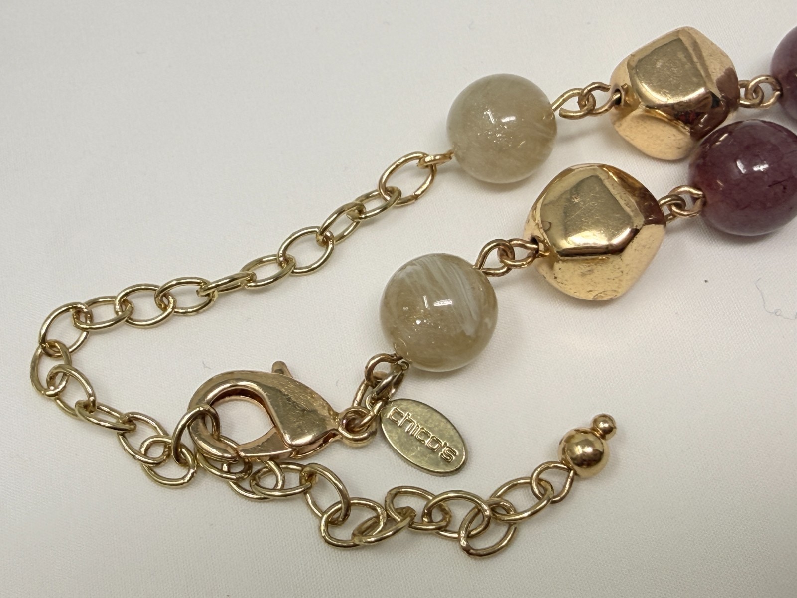 CHICO’S Gold Tone Purple Green Cream Acrylic Bead Y Drop Necklace