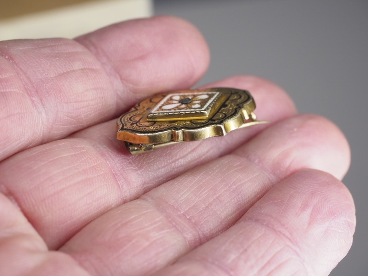 Antique gold filled with black & white enamel brooch C clasp jewelry