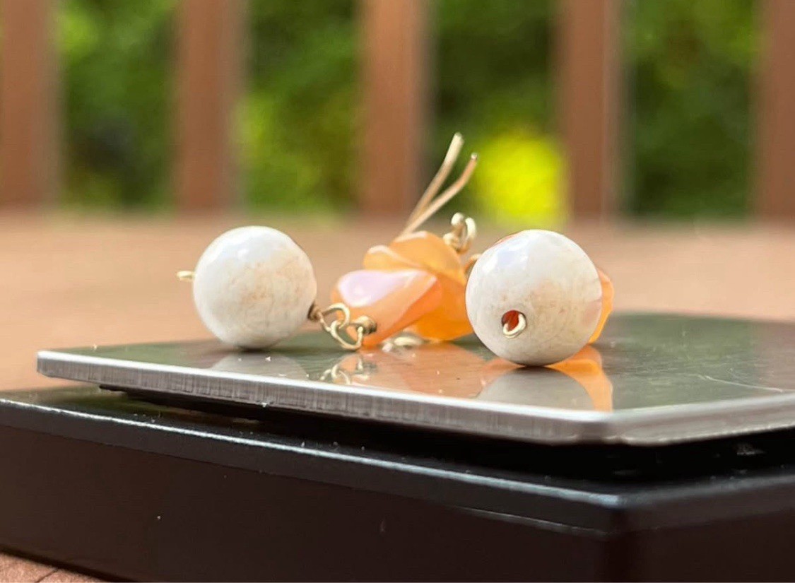 14K GF 🍊 Orange Cream Marble Dangle Gemstone Vintage Gold Filled Earrings