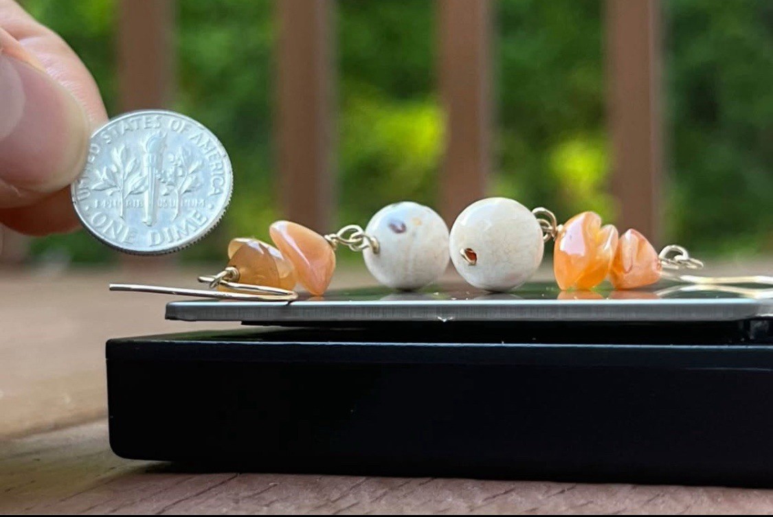 14K GF 🍊 Orange Cream Marble Dangle Gemstone Vintage Gold Filled Earrings