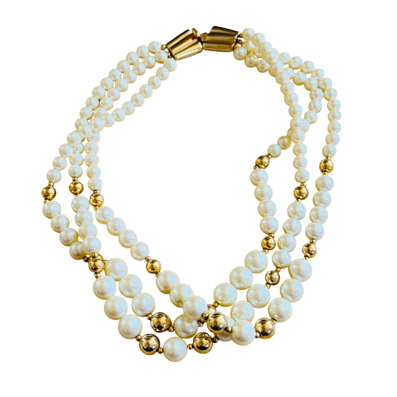Gay Boyer Necklace VTG Pearl Multi Bib Beaded Triple Strand Glam Elegant 80s 18″