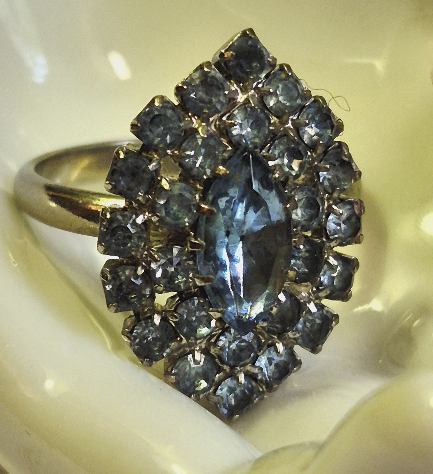 Vintage Blue Rhinestone Marquise Cocktail Ring Silver Tone Adjustable Prong Set