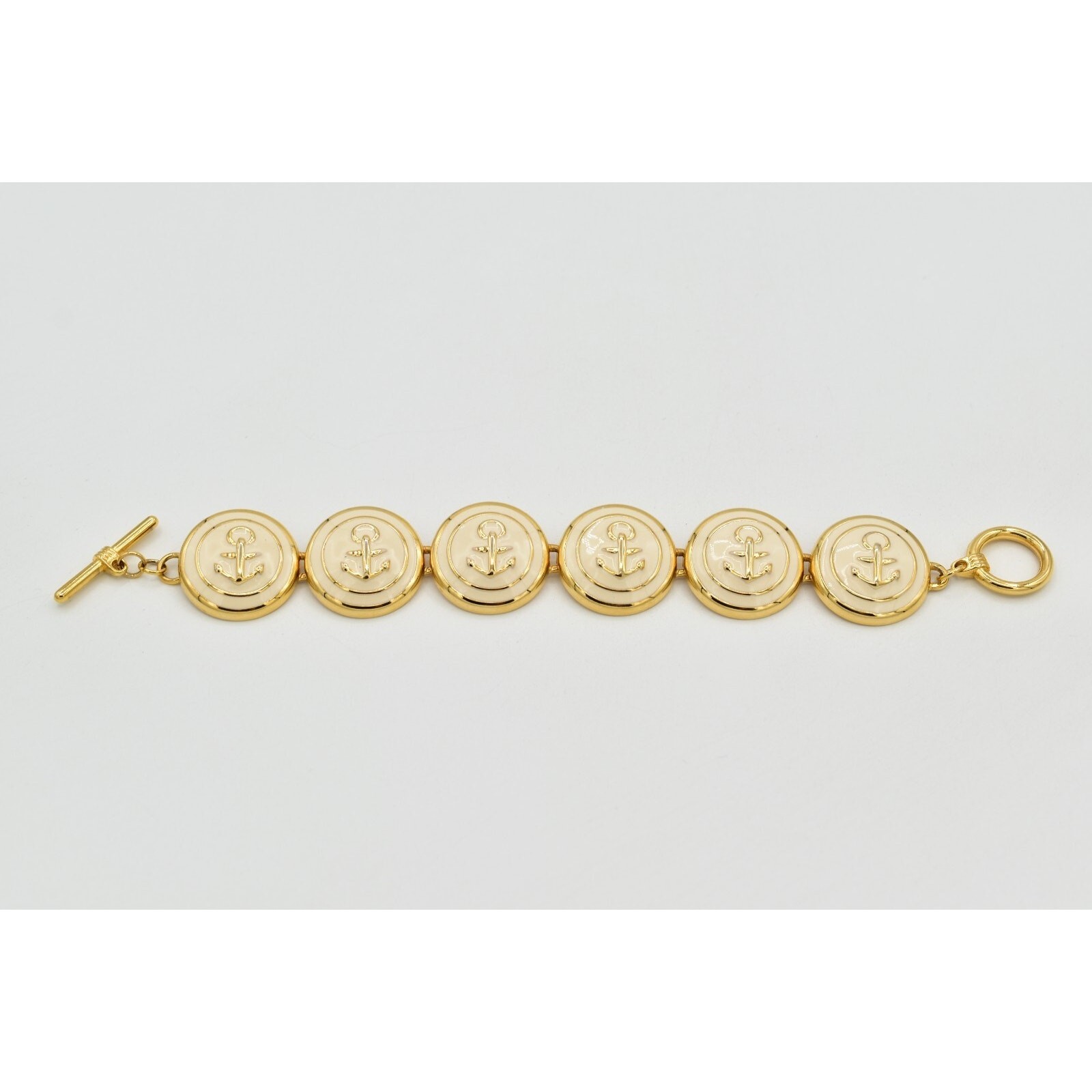 Vintage Anchor Linked Bracelet Chunky Off White Nautical Gold Tone 1990s BinAW