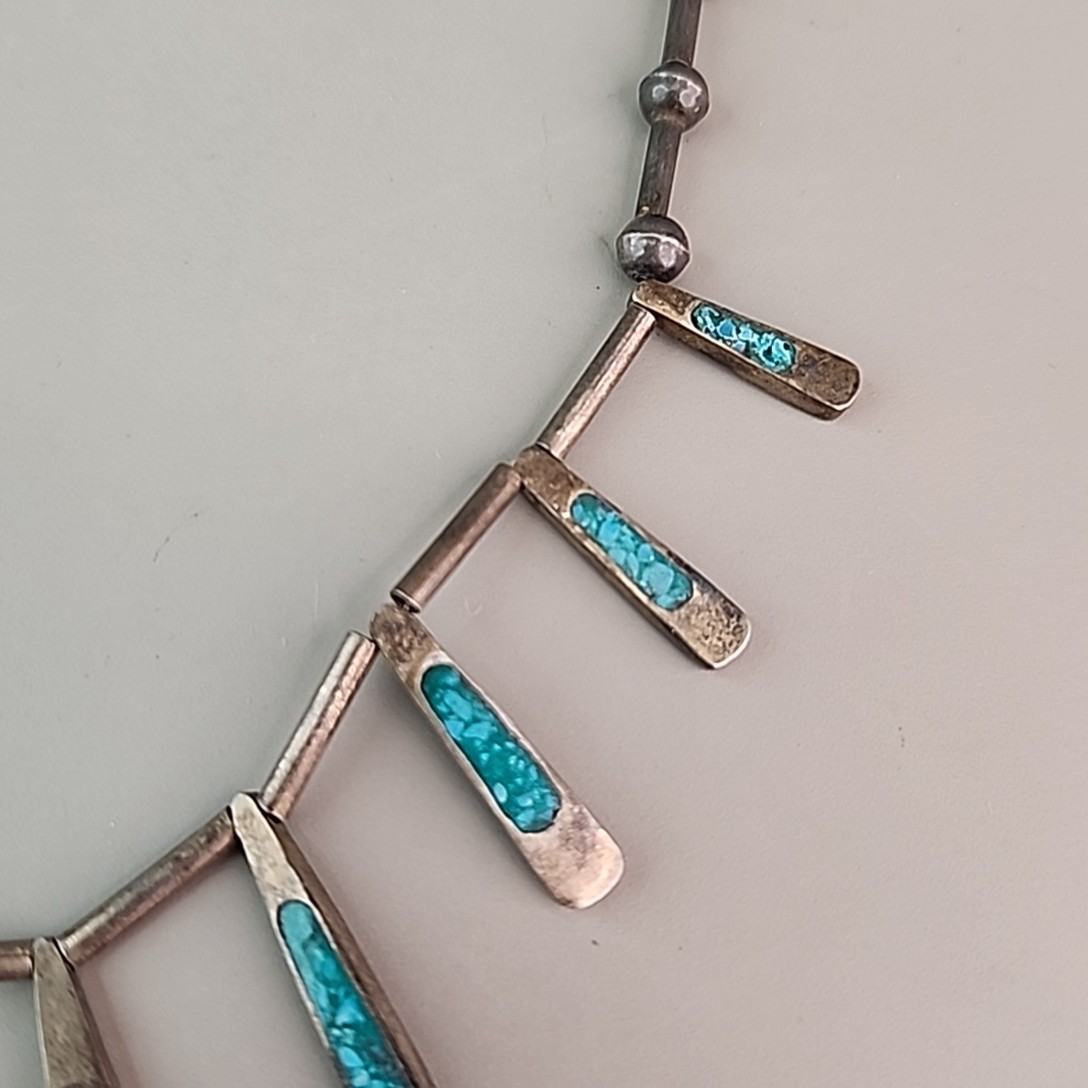 Vintage Mexican Necklace Sterling Silver Turquoise Chip Inlay Fringe Eagle 2