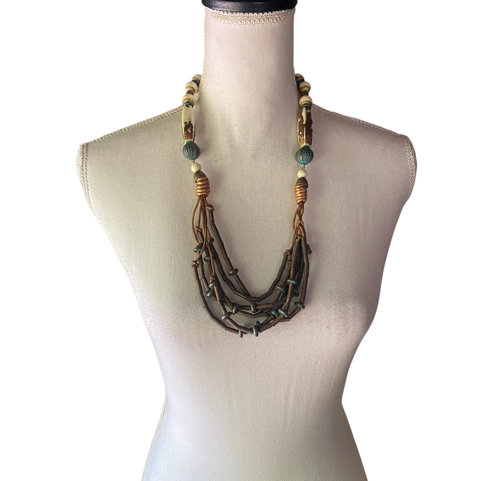 VTG Boho Chunky Mixed Media Statement Necklace Ethnic Earthtones 25″ western