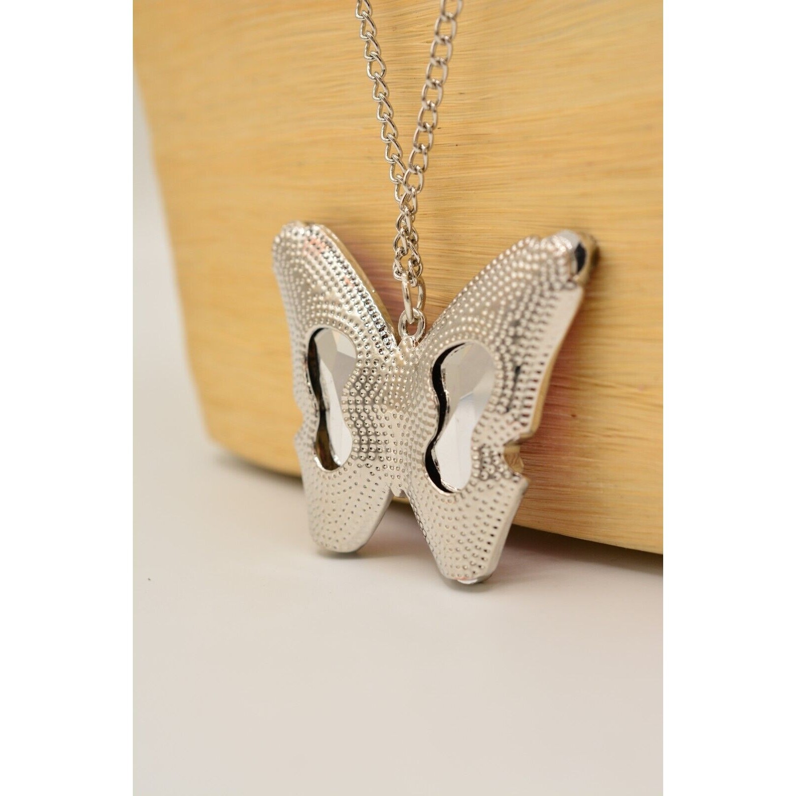 Vintage Crystal Butterfly Pendant Necklace Purple Blue Silver Chain 1990s Bin3C