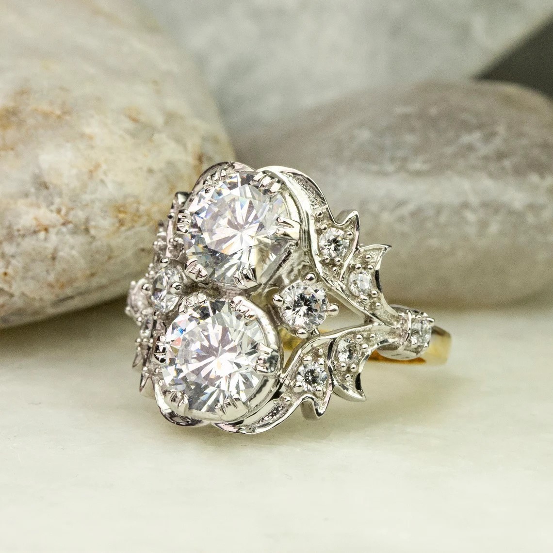 Vintage Art Deco Style Round Cut Lab Created Diamond Engagement 14K Gold FN Ring