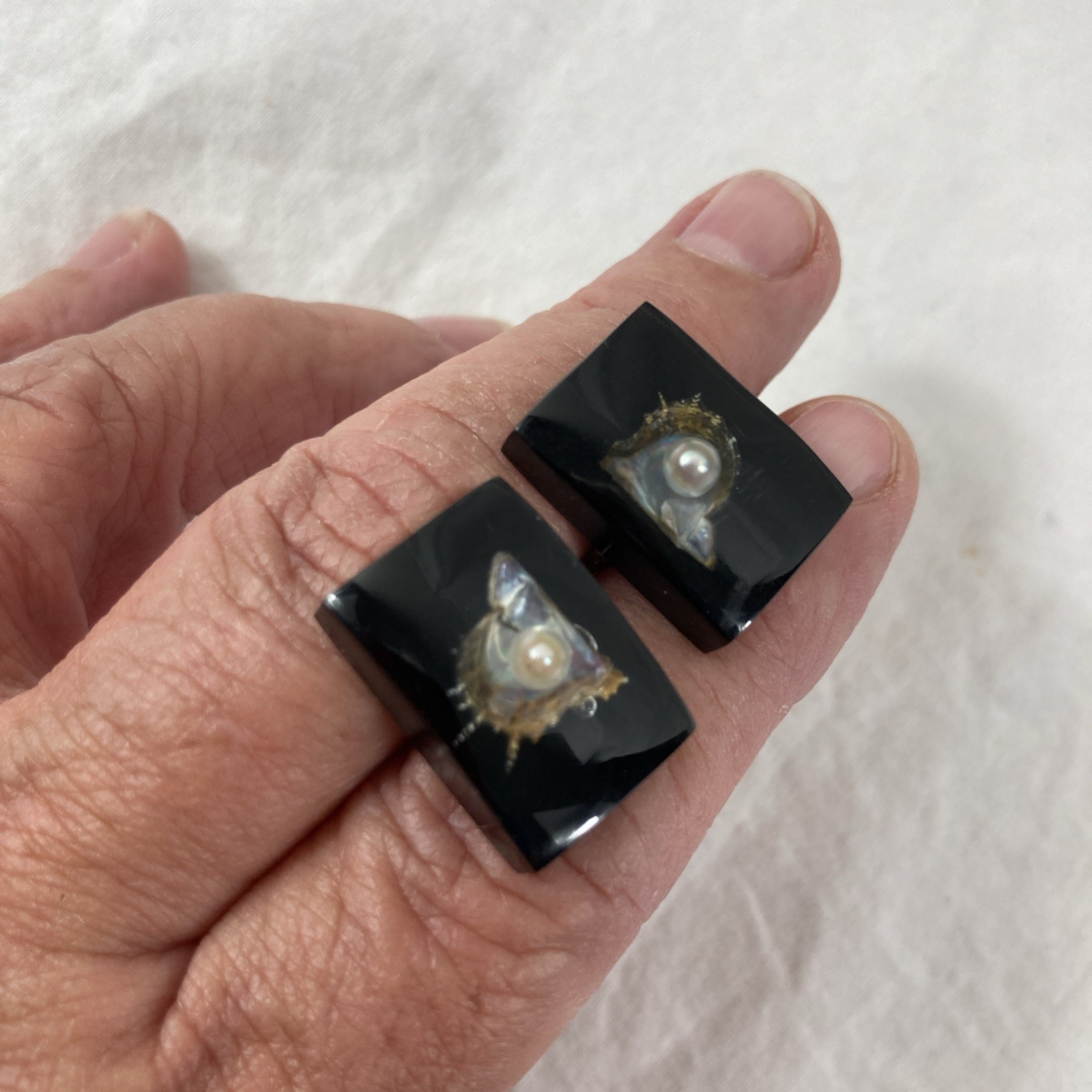VTG Tie Clip Cuff Links Set Oyster Shell Pearl Inlay Black Resin Rectangle Japan