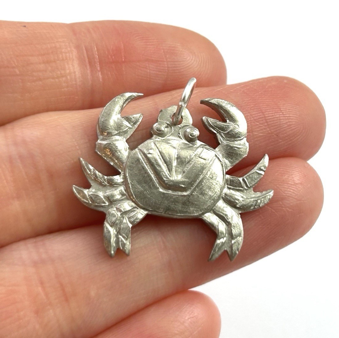 Vintage Crab Charm Pendant Etched Silver Plated Brass Vintage Jewelry Nautical