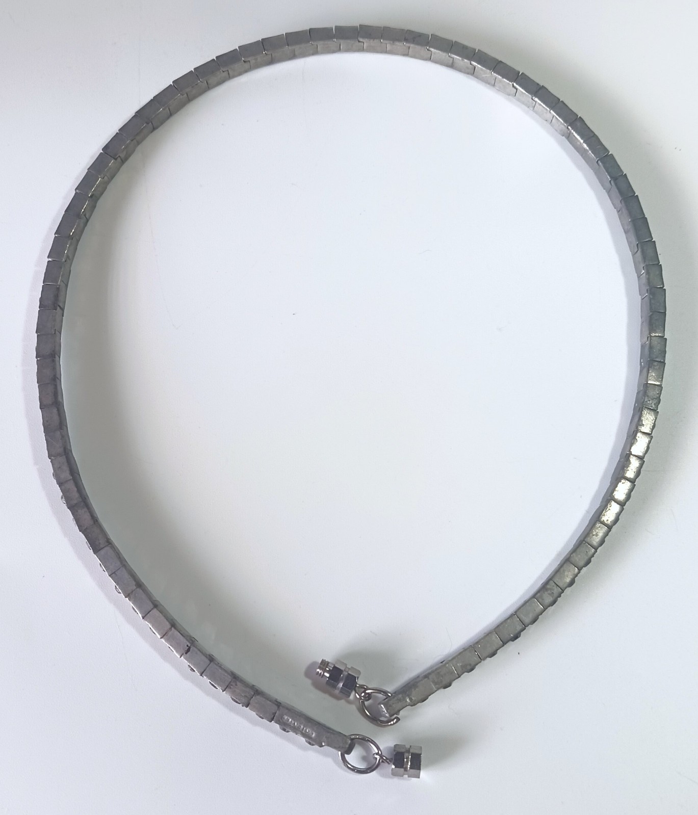 Vtg (Antique?) Silver-tone Clear Rhinestone Rigid Tennis-style Necklace 16″