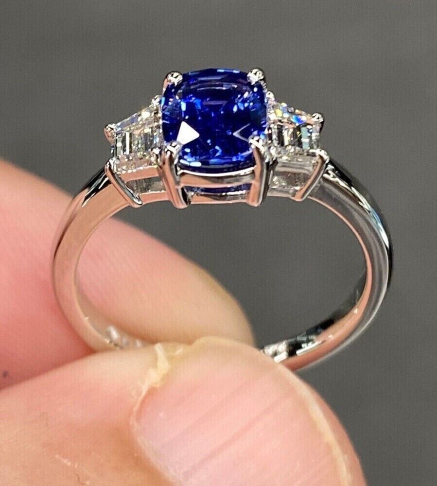 Cushion Cut Sapphire & Lab Created Diamond Three-Stone Wedding 925 Silver Ring