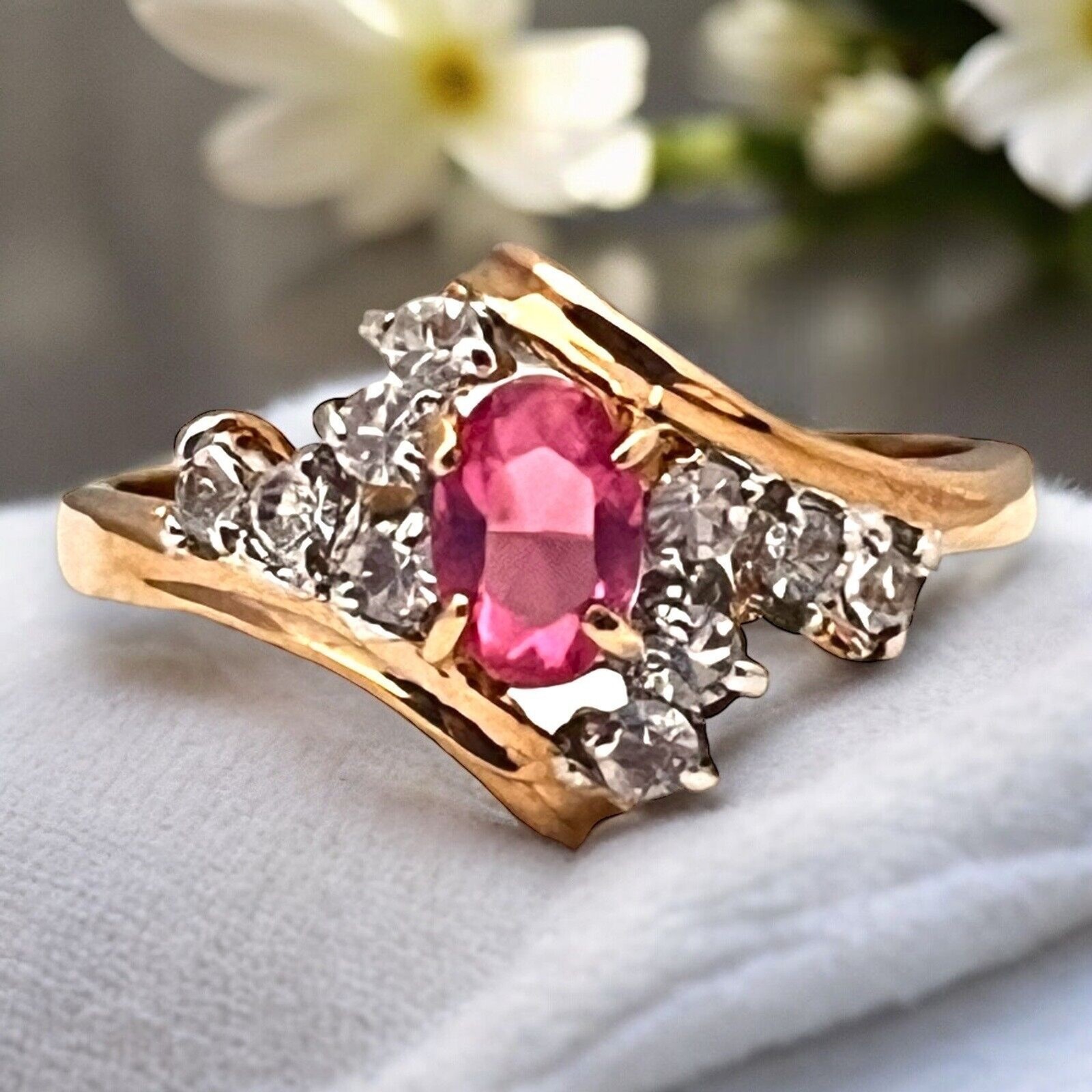 Vintage 1970s Ring Size 7 Pink Crystal CZ Cluster Prong Set Gold Plated – 14L