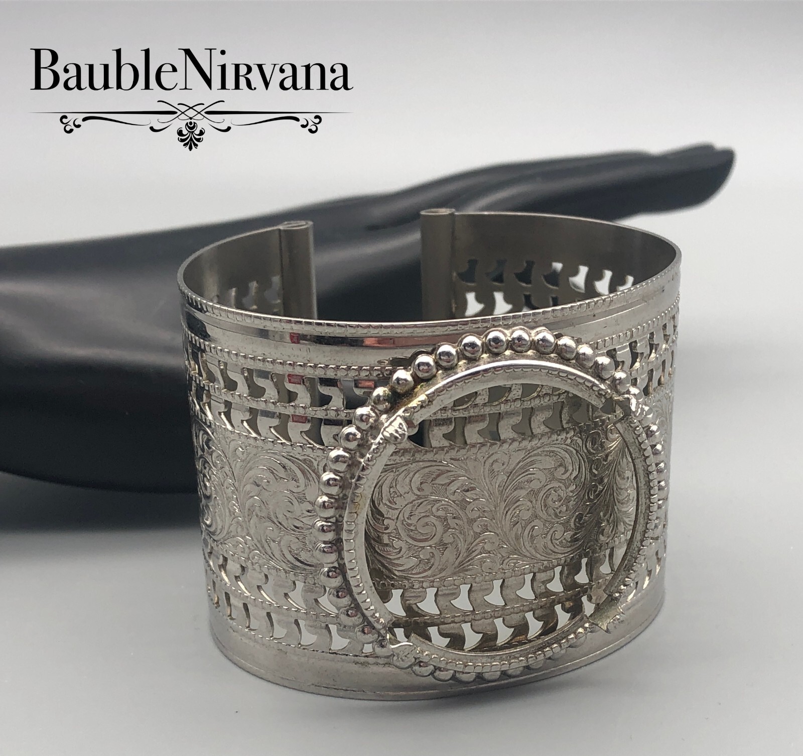 Vintage Silver Metal Extra Wide Pierced&Engraved Cuff Bracelet w/Coin Setting