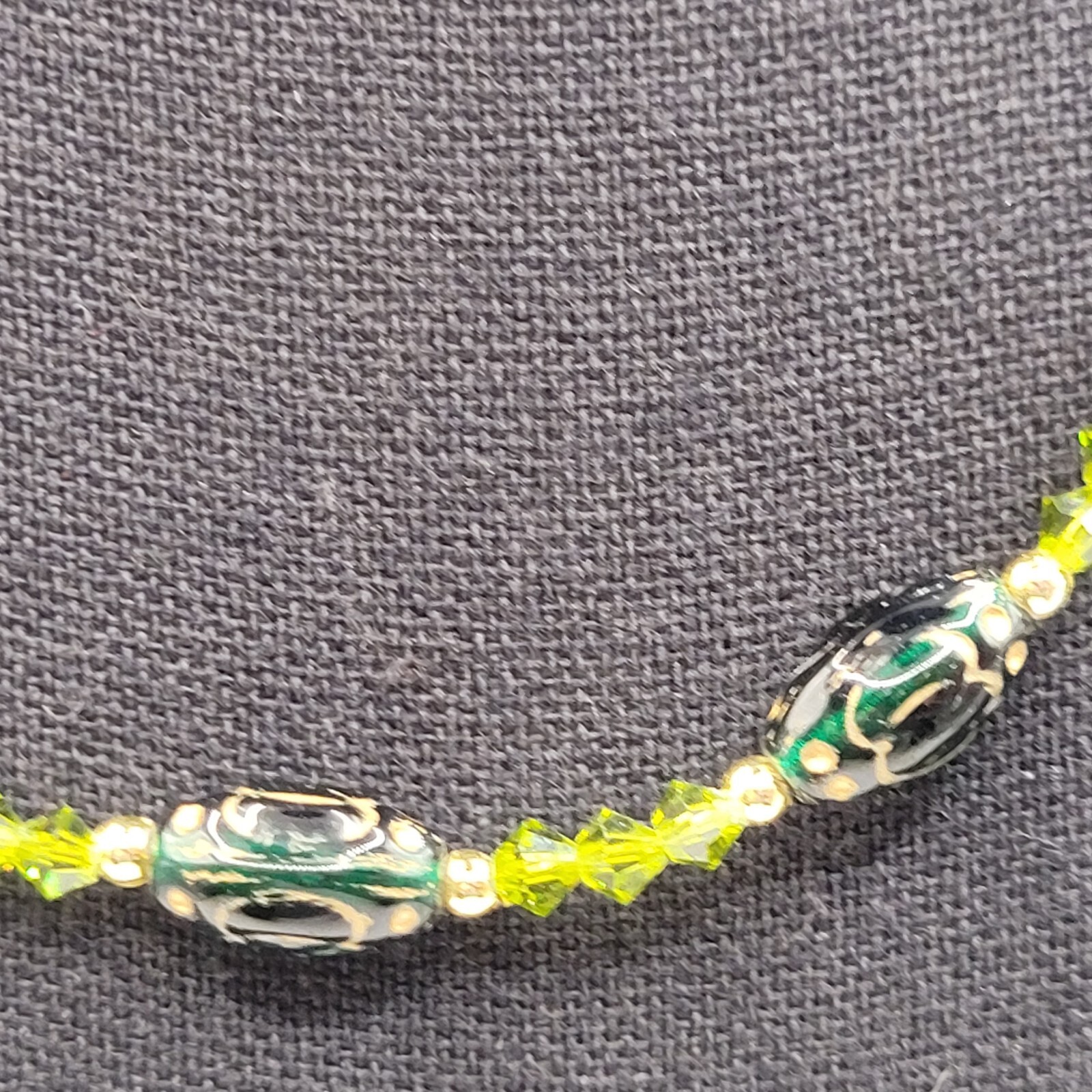 Green Art Glass Crystal Vintage Necklace Light & Dark Green Shades Gilded Beads