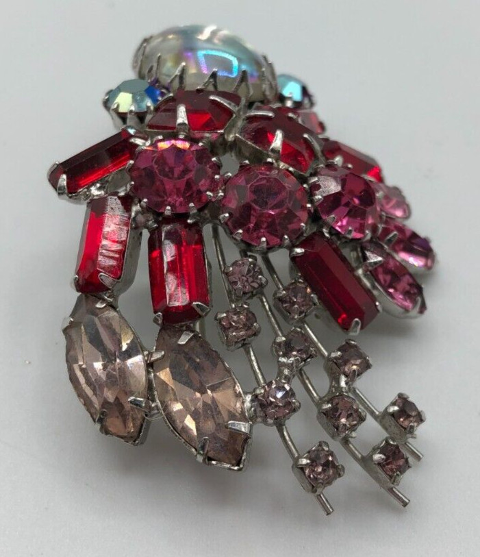VTG Pink & Red Rhinestones Brooch Pin Iridescent Cabochon MCM 1950s Estate