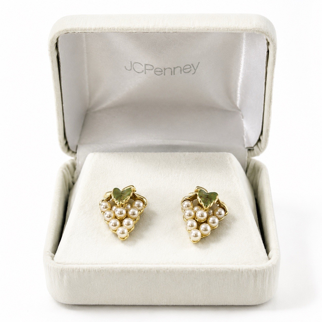 Vintage Faux Pearl Grape Cluster Earrings Gold Tone Green Leaves Stud Earrings