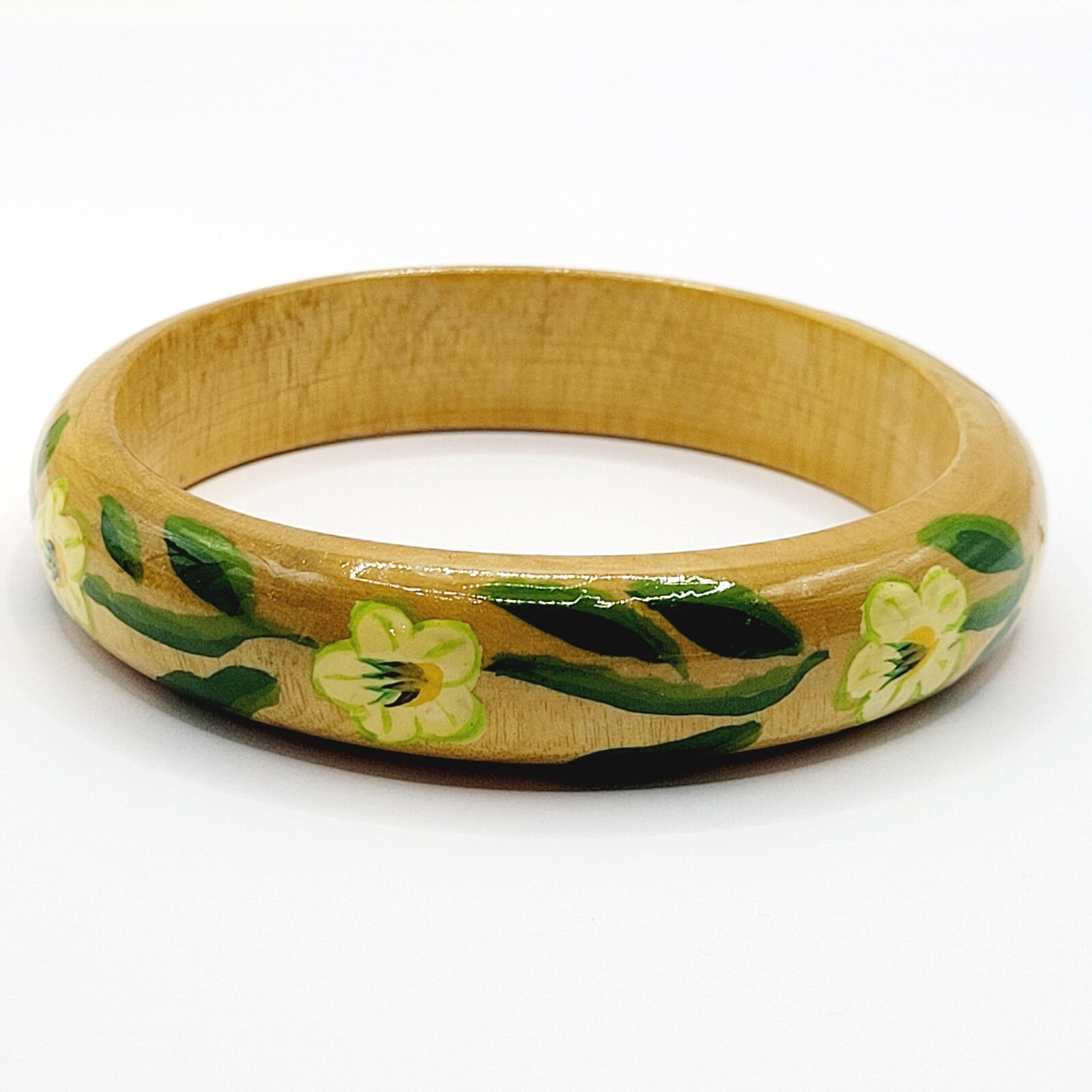 Wood Bangle Hand Painted Cream Flowers Green Leaves Lacquered Bangle Bracelet