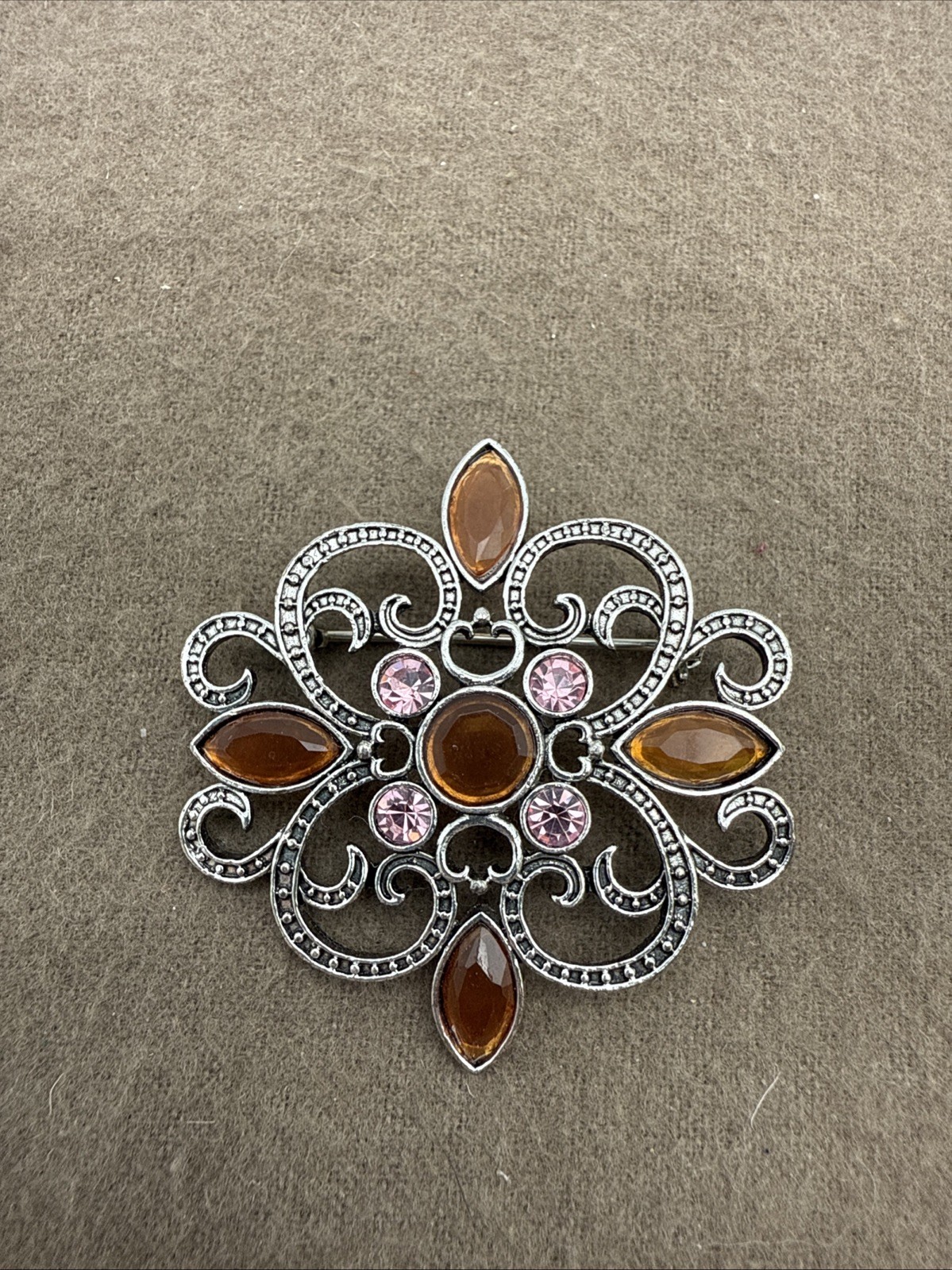Vintage Silver Tone Style Brooch with Acrylic Crystal Accents