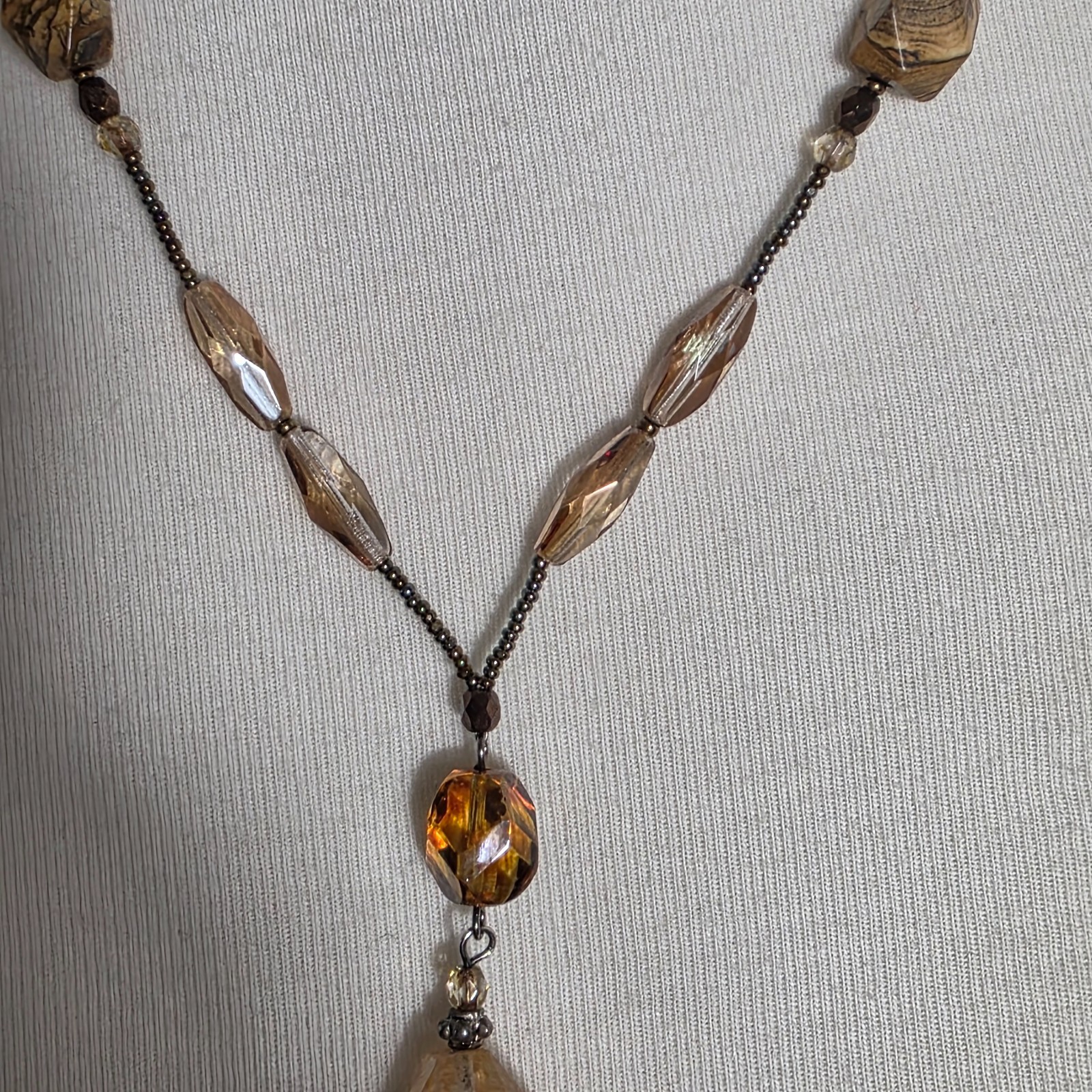 Beaded Lariat Necklace Large Irregularly Shaped Stone Earth-Tone Mix of Beads