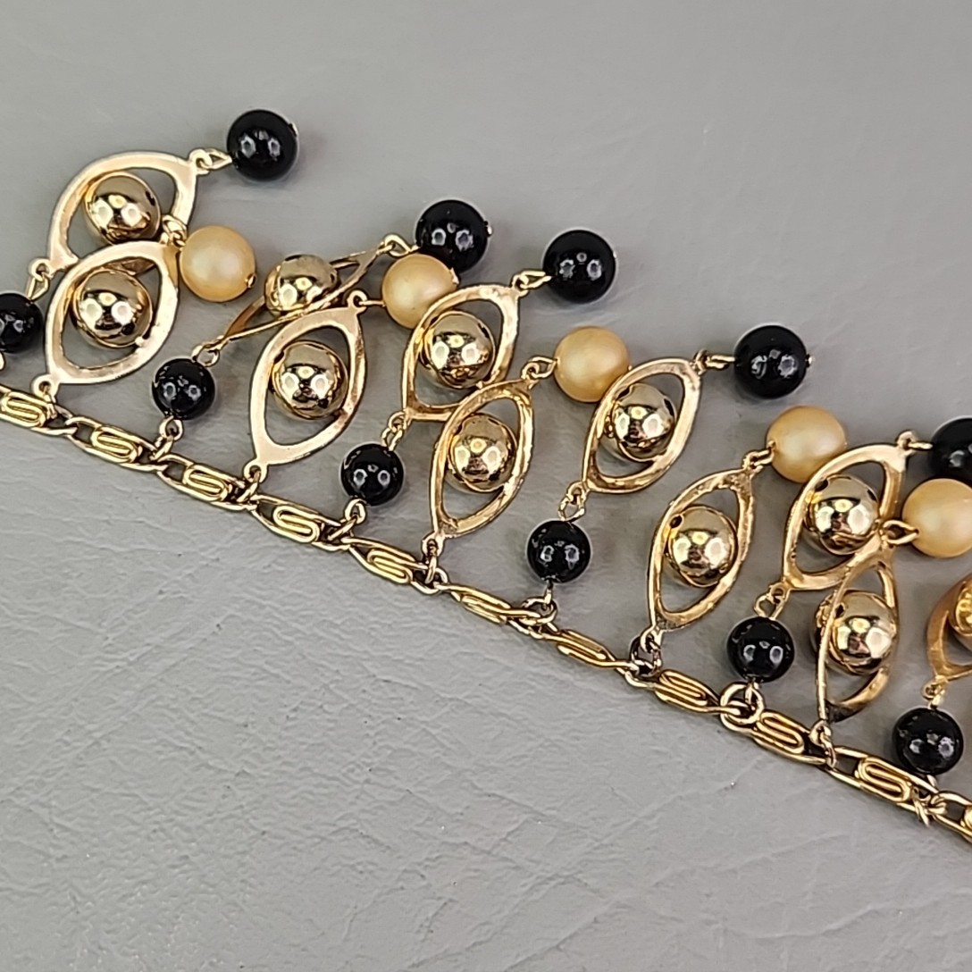 Vintage Statement Necklace Black Beaded Fringe Dangles Gold Tone Snail 16.5″