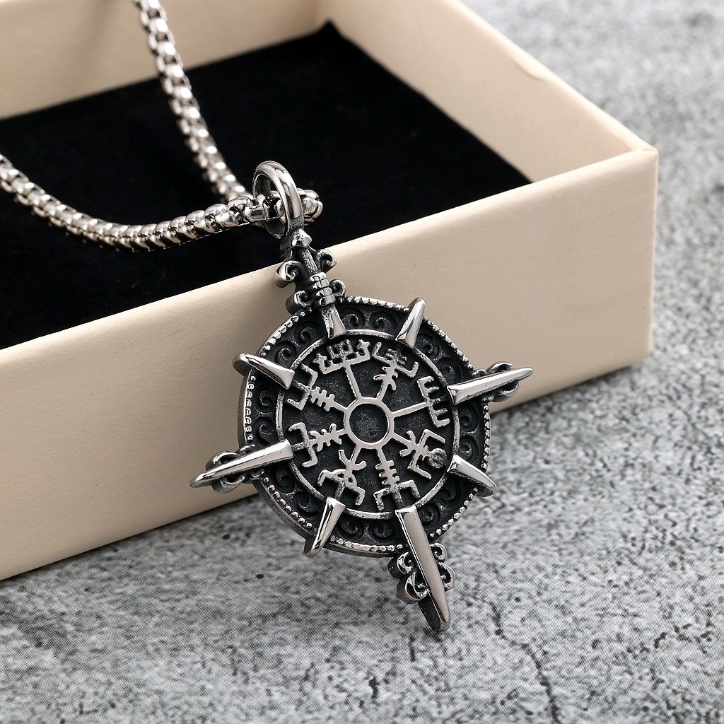 Stainless Steel Men’s Pendant Viking Compass Rune Necklace