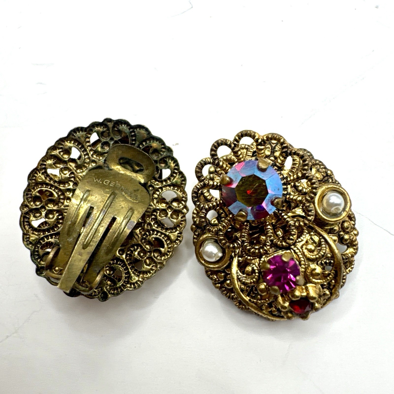 Western Germany Filigree Clip-On Earrings Brass Fuchsia Red AB Rhinestones