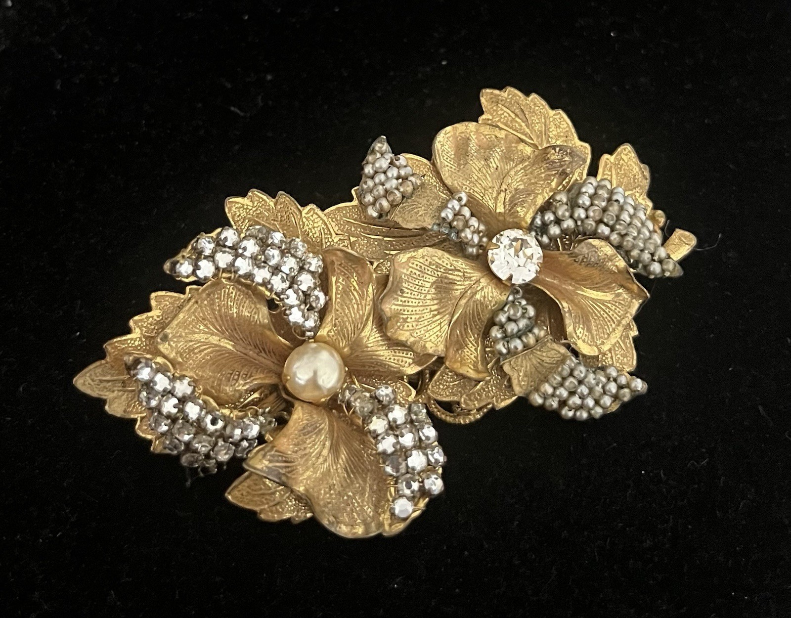 Miriam Haskell Signed Faux Pearl & Rhinestone Vintage Flower Brooch