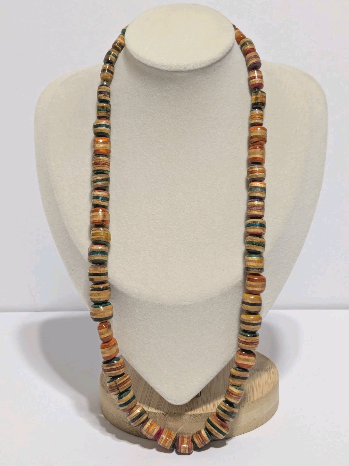 Vintage Multicolor Wood Bead Handmade Necklace. Silver Tone End Caps. 21″ BOHO