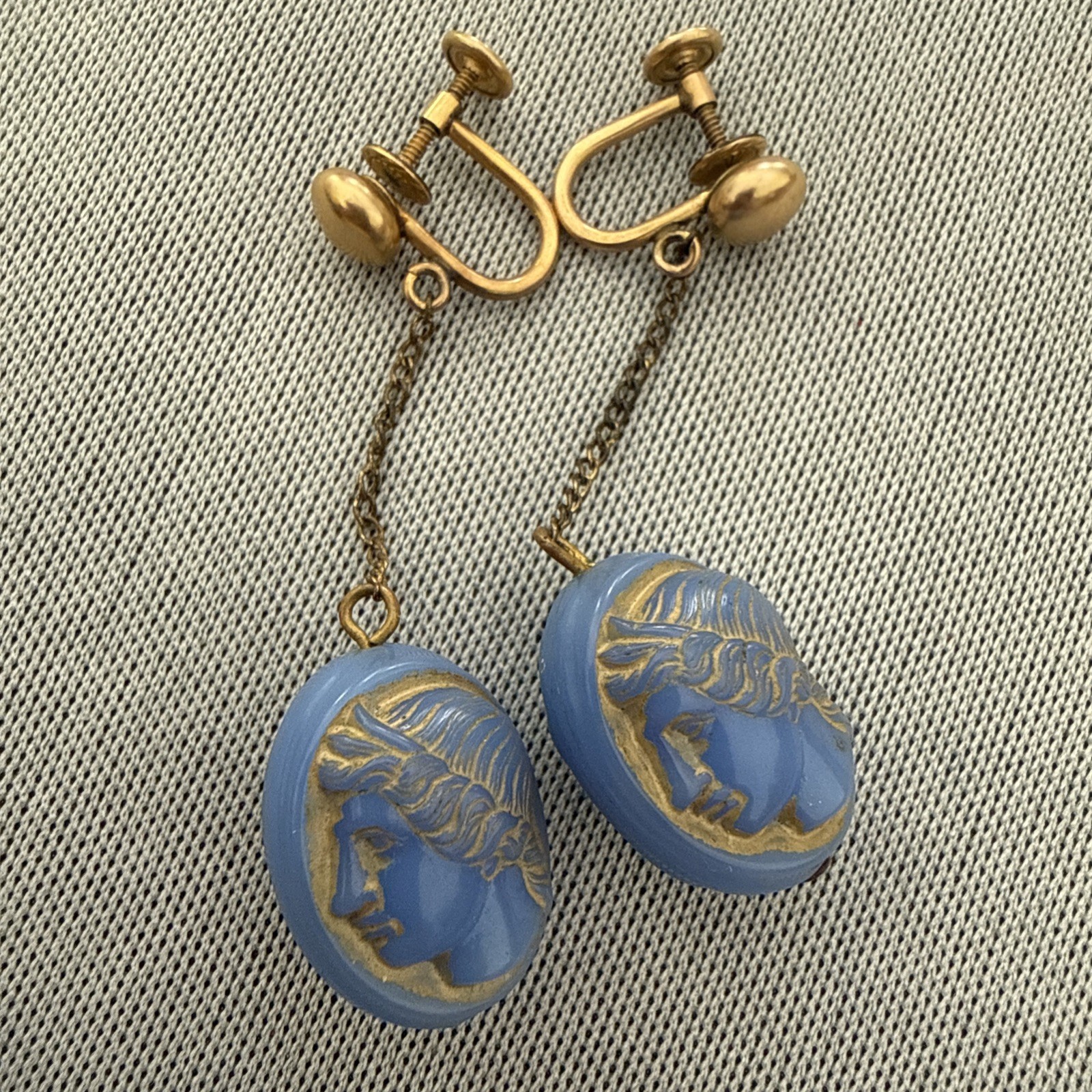 VTG Blue Intaglio Men Figure Head 1/20 12kGF One Of Kind Rare 2”1/4 Earring