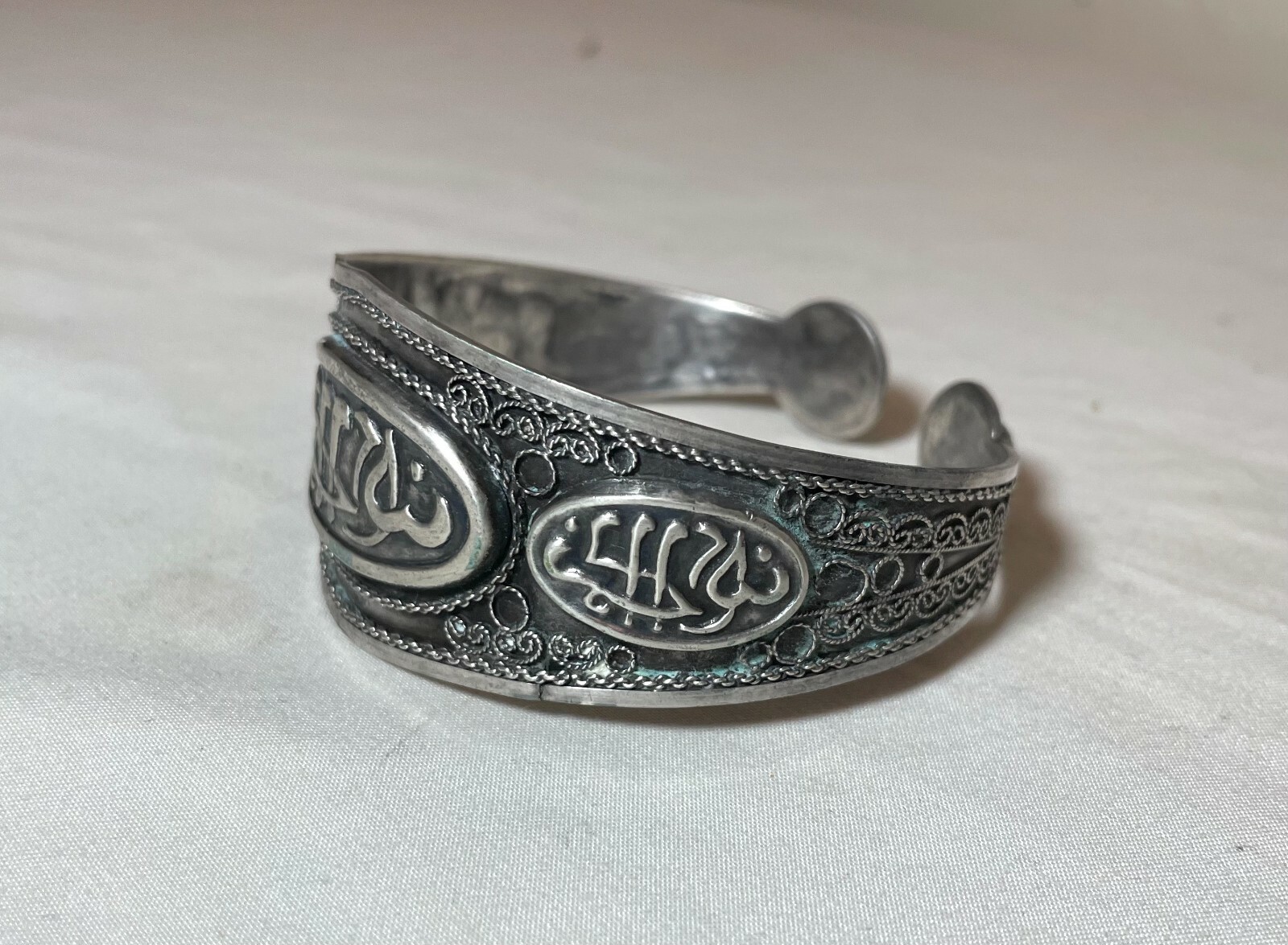 vintage ornate handmade Moroccan sterling silver filigree cuff bracelet signed