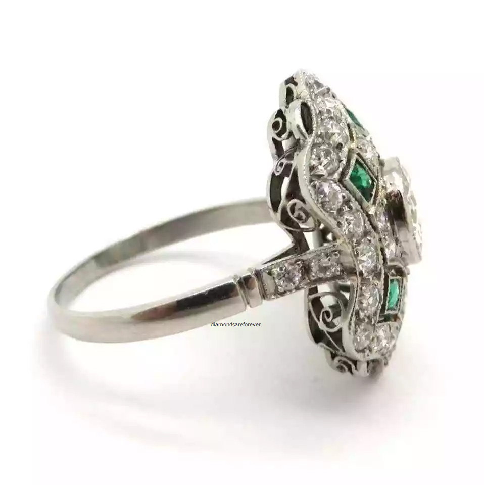 Art Deco Style Round Cut Moissanite and Emerald Engagement Ring 10K White GoldFN