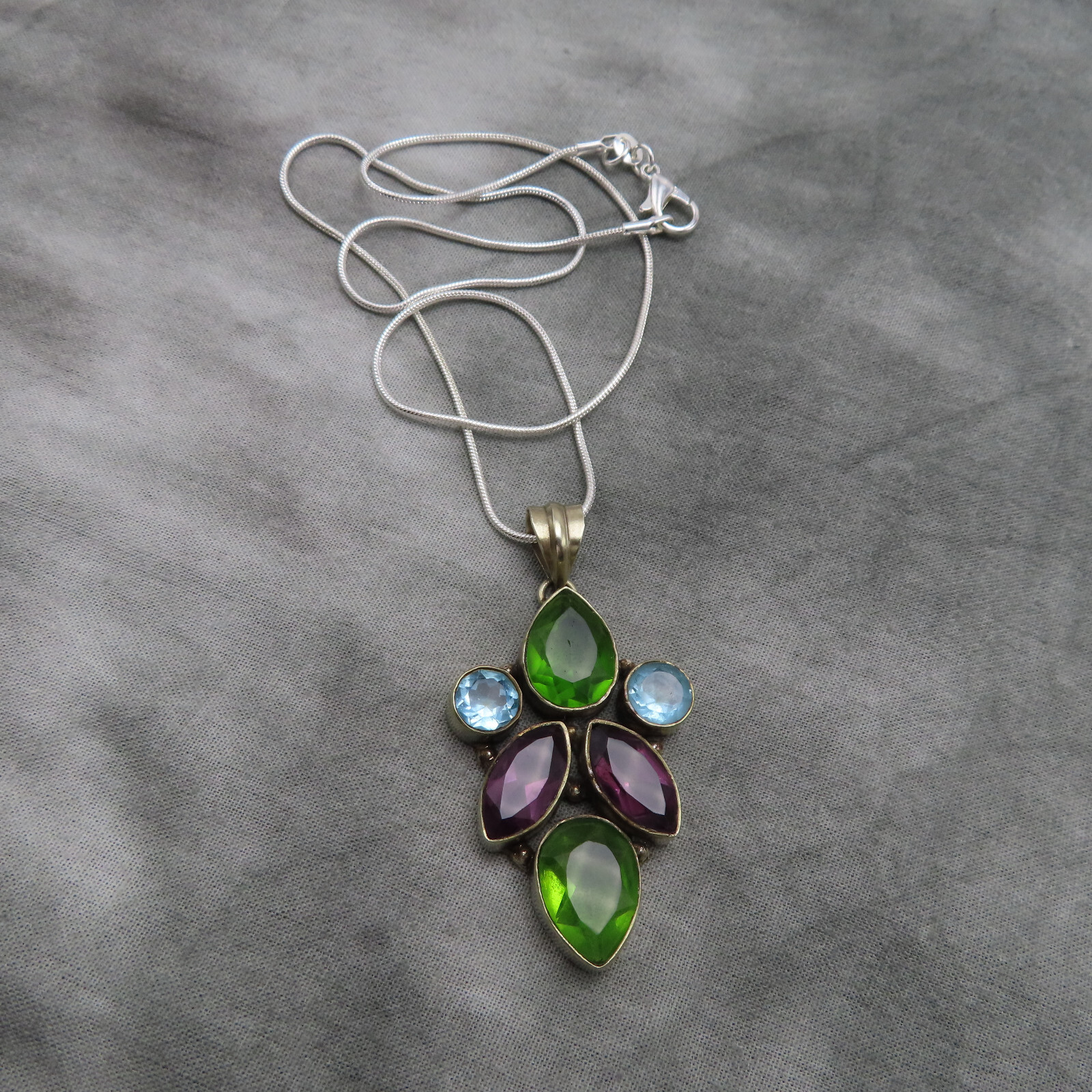 Vintage Sterling Silver Necklace 2 inch Pendant Green Purple Blue Crystal 369c