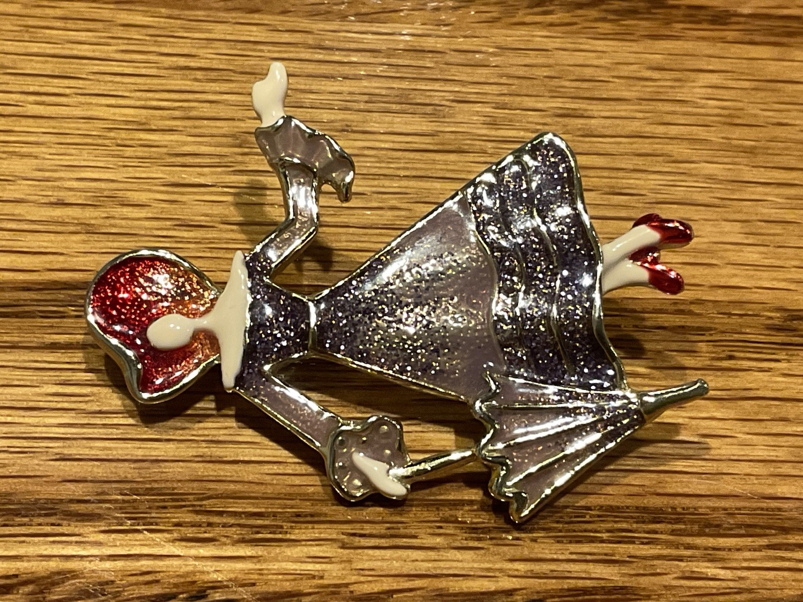 Vintage Lady in Dress Enamel Brooch/Pin w/Red Hat & Shoes, Umbrella – Gold Tone