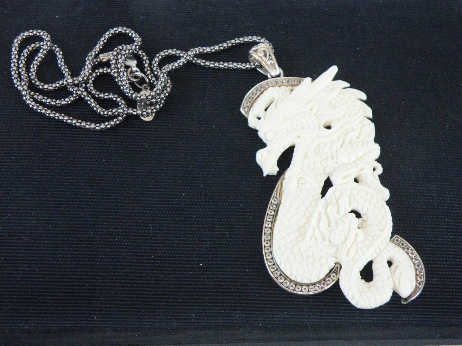 Huge Samuel B Carved CZ Dragon Statement Pendant Popcorn Mesh Necklace