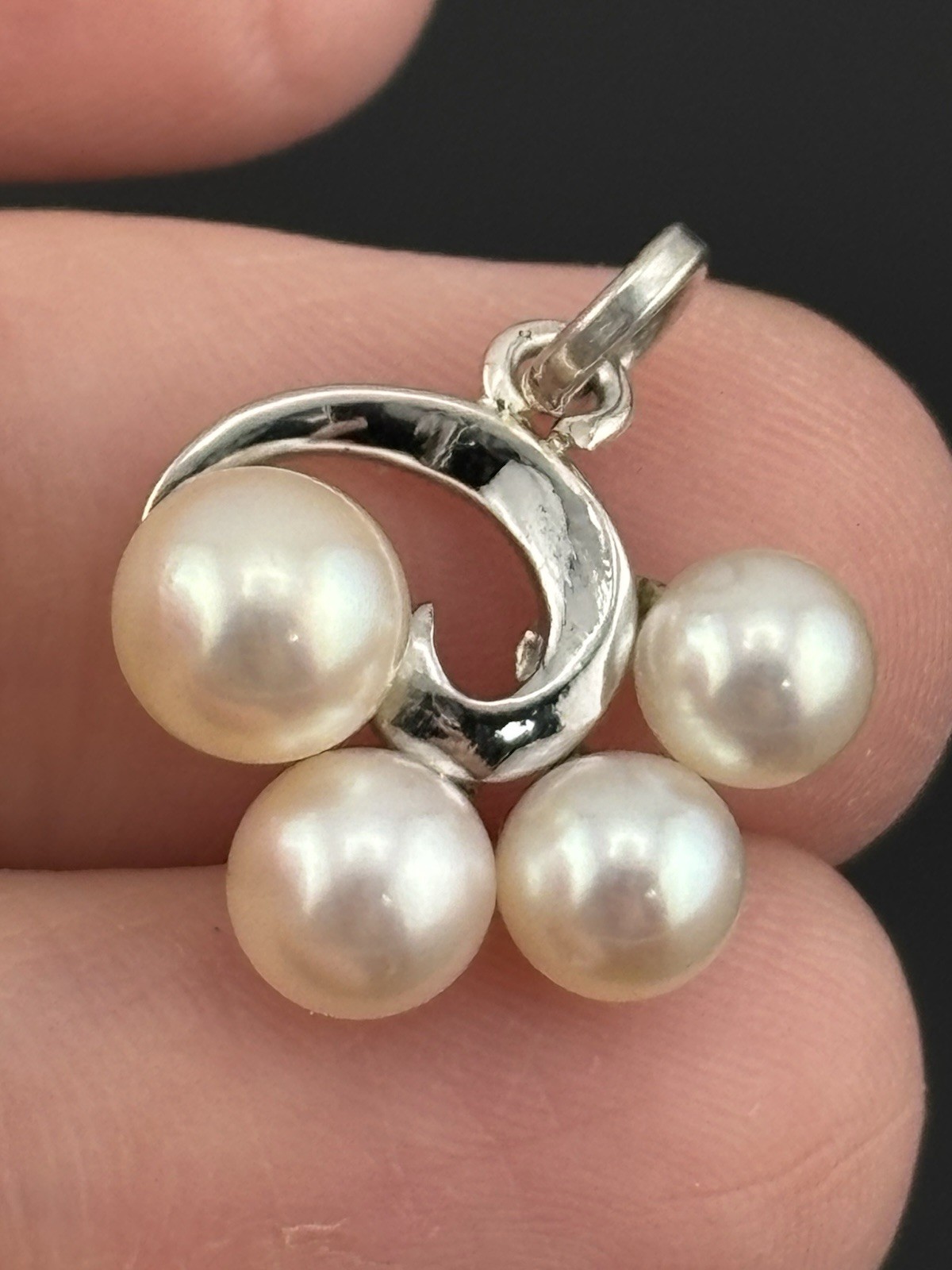 Vintage Sterling Silver Mikimoto Akoya Pearl Pendant 4 Pearls Swirl Charm .75″