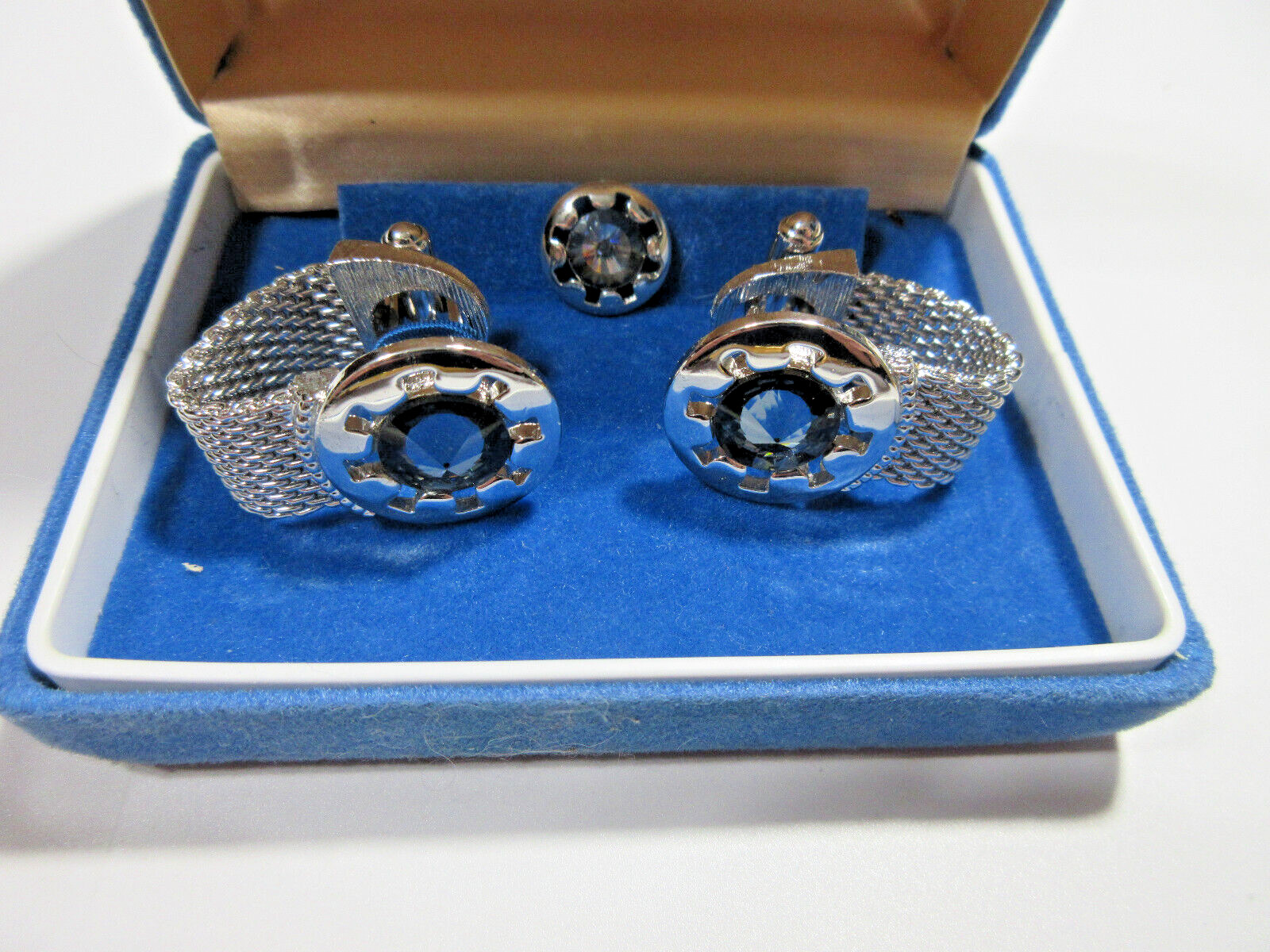 VTG SWANK mesh WRAP Men SET Cuflink Lapel Tie tac pin Blu Rhinestone Silver Tone