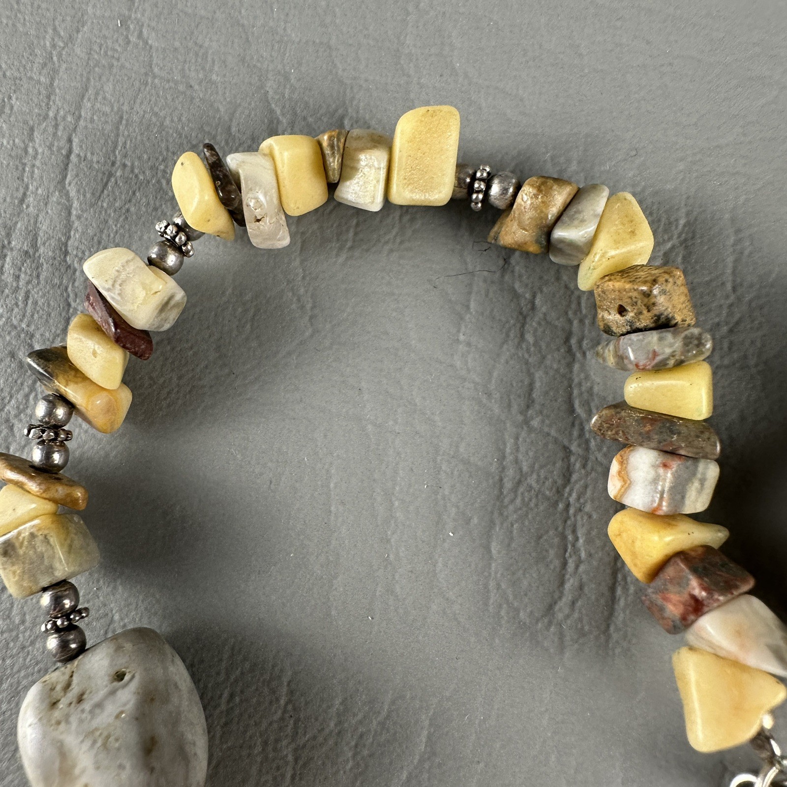 Vintage CW Sterling Silver Stone Bead Necklace Yellow Gray 16″