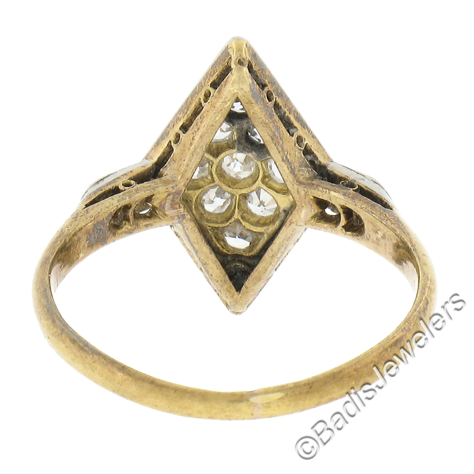 Antique Edwardian 18K Yellow Gold & Platinum Old Cut Diamond Lozenge Shape Ring
