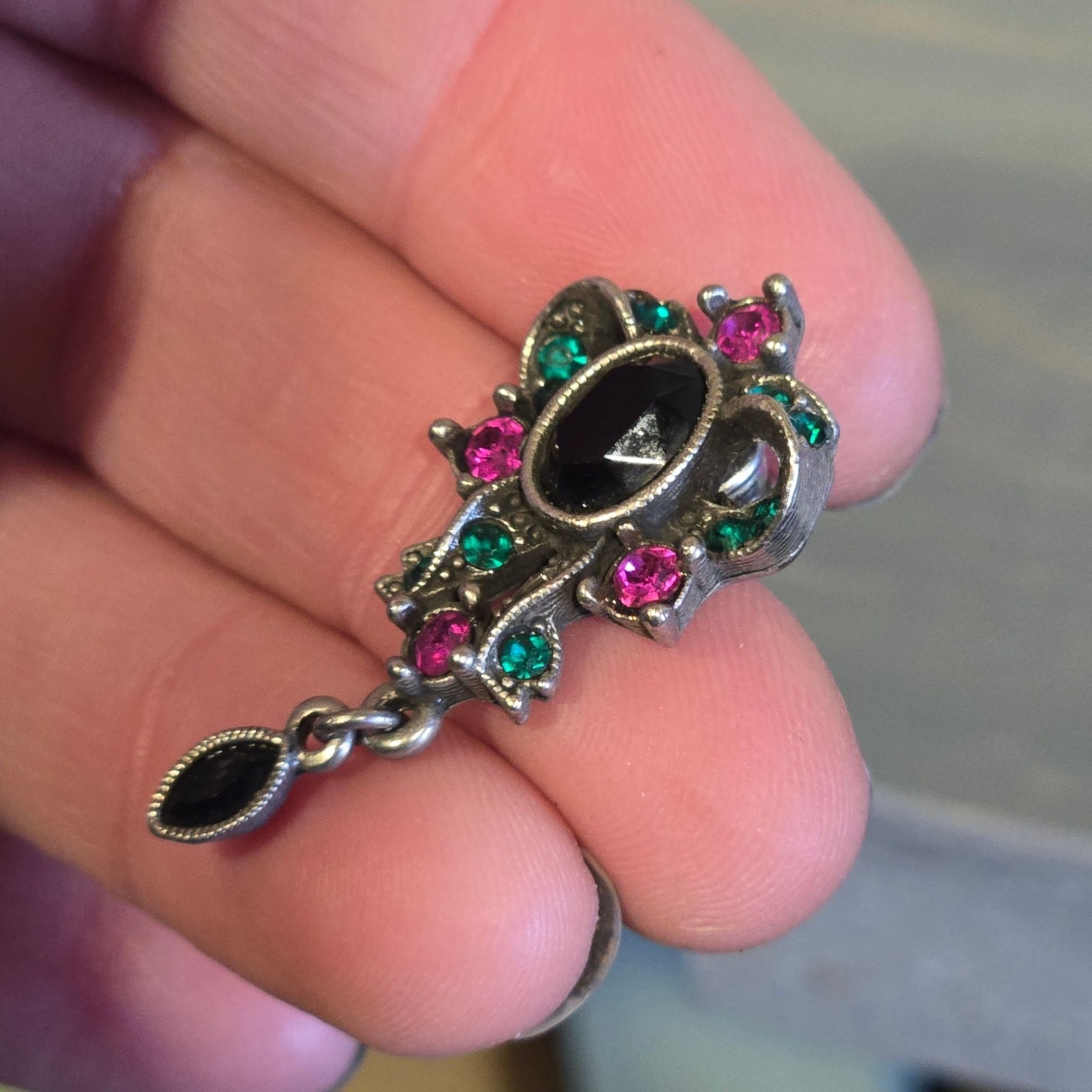 1928 Vintage Dangle Earrings Black Cabochon Pink Green Crystal Drop Bow shaped