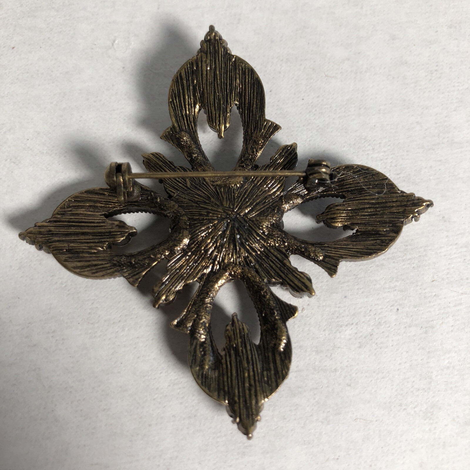 Vintage Antiqued Gold Tone Rhinestones Mirror Pin Brooch Maltese Cross 2 1/4 In